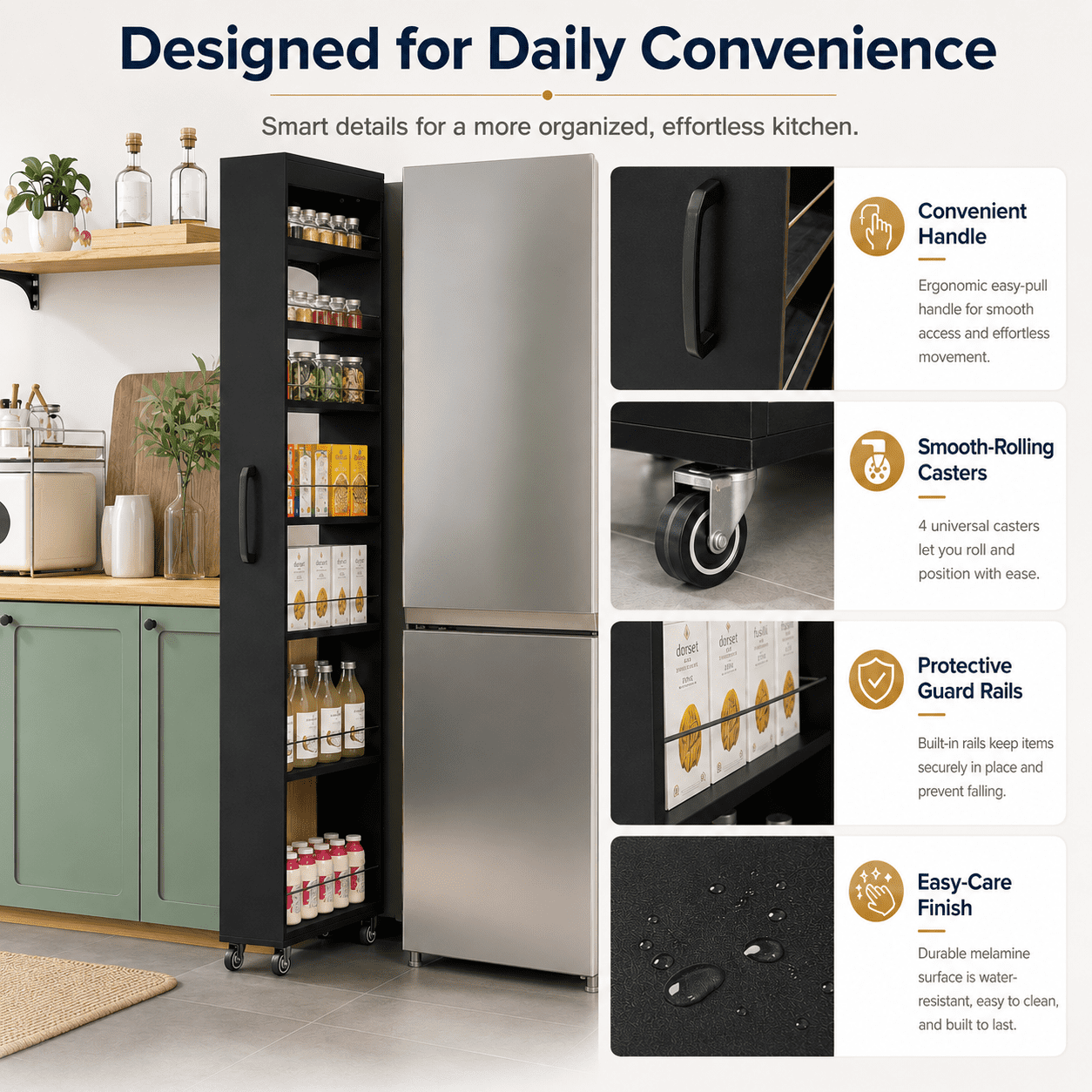 Aukfa 7-Tier Slim Rolling Pantry Cabinet, 70.7" Narrow Pull-Out Kitchen Storage Cart with Handle and Casters,Black