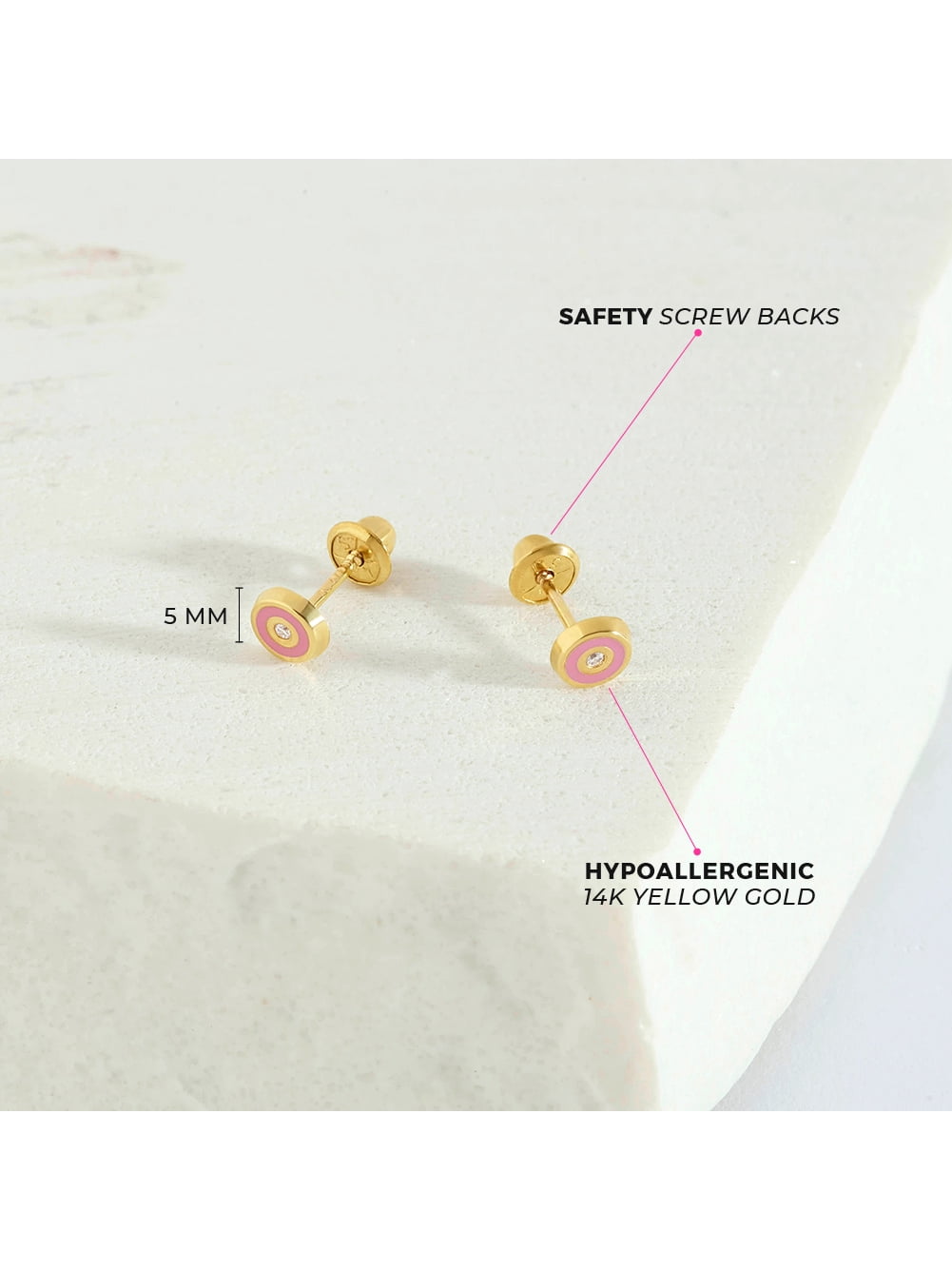 14k Gold Pink Donut Baby / Toddler / Kids Earrings Safety Screw Back Enamel