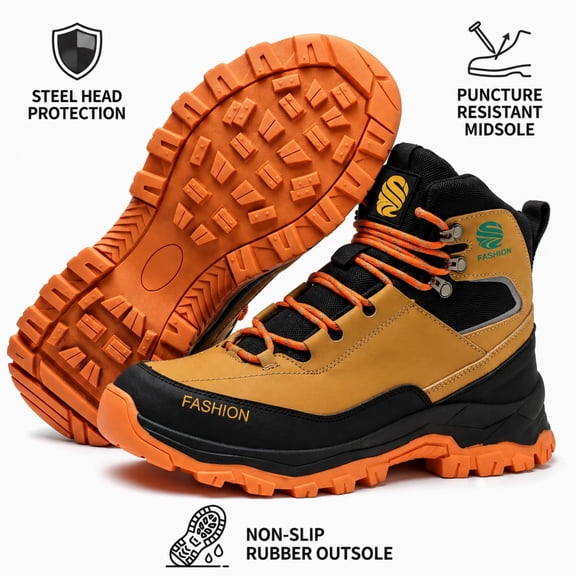 XQJ Men's Steel Toe Work Boots Non-Slip High Top Lace-Up Shoes Work For Industrial & Construction Use Protective Shoes Boots Waterproof Wear-Resistant Steel Toe Safety Shoes-Brown Size 6.5