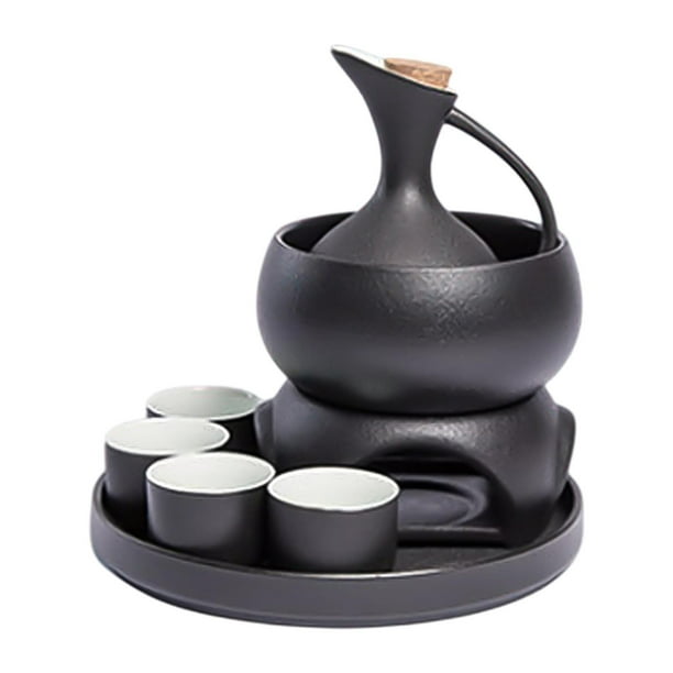 -Sake Set con una olla más cálida, , tazón con bandeja 4 tazas de bebida tradicional de sake para la fiesta de té en casa