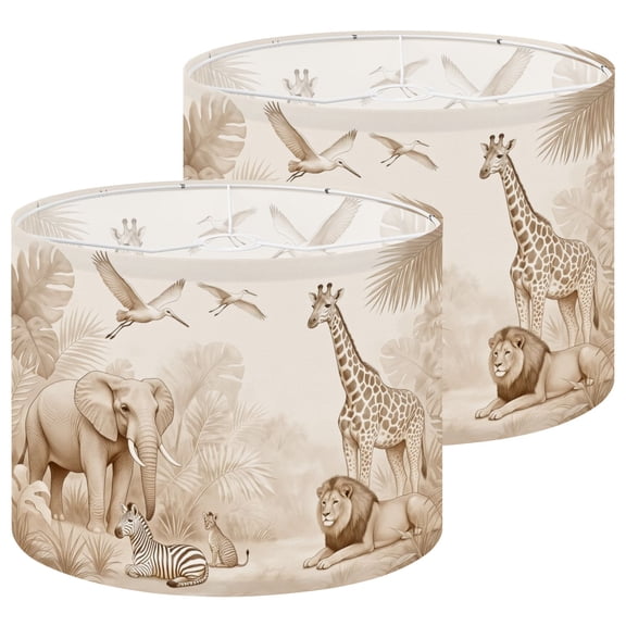 Lampshades 2 Pack Sepia Safari Elephants Lion Zebra Giraffe Tropical Foliage 13"x13"x10" Light Shade for Table Lamps Floor Lamp Shades Medium Linen Lampshade Replacement Easy Assembly