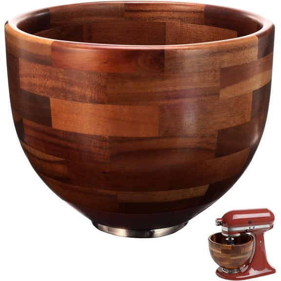 5QT Acacia Wood Mixing Bowl for 4.5/5 QT Tilt-Head Stand Mixer, Stainless Steel Locking Base, Natural Wooden Bowl for Baking & Mixing