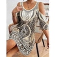 thumbnail image 3 of Vestido Alto Bajo para las Mujeres de Hombro Frío Cuello Redondo Impresión Bohemia Media Manga Mini Patinador Ropa de Playa de Verano Casual, 3 of 7