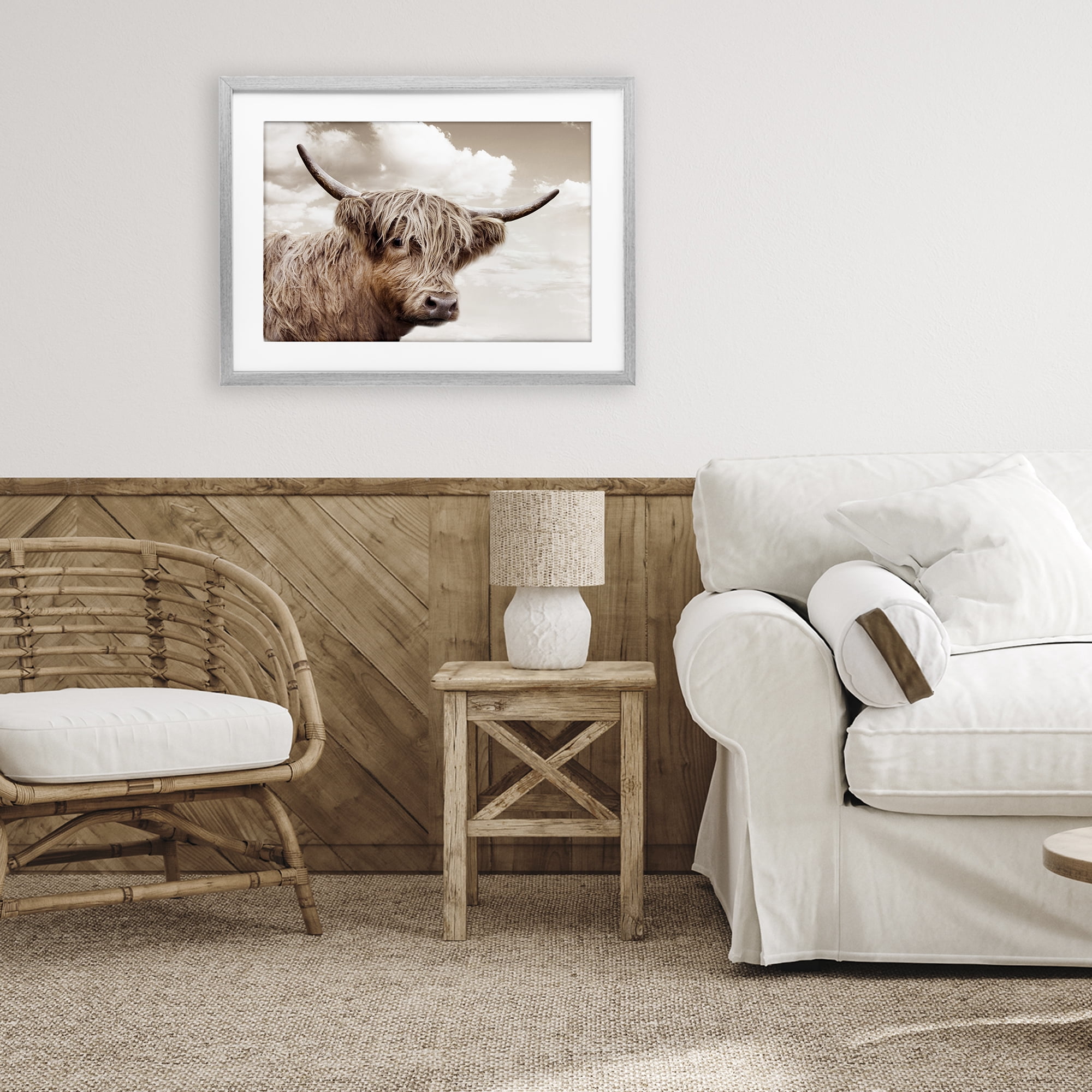 Stupell Industries Shaggy Highland Cow & Clouds Gray Framed Print Under Glass, design by CAD Designs