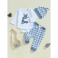 thumbnail image 5 of Elippeo Baby Boy Girl Fall Outfits, Letter Embroidery Long Sleeve Romper Checkerboard Pants Hat 3 Piece Set 3 6 12 18 Months, 5 of 10