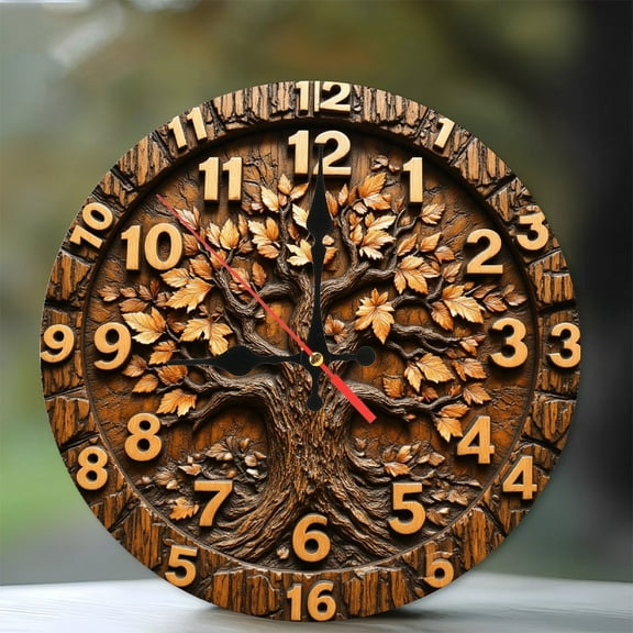 Wooden Tree of Life Wall Clock Carved  Handcrafted 10-Inch Silent Wooden Wall Clock, Battery Operated (AA Batteries Not Included), Artistic Home Decor