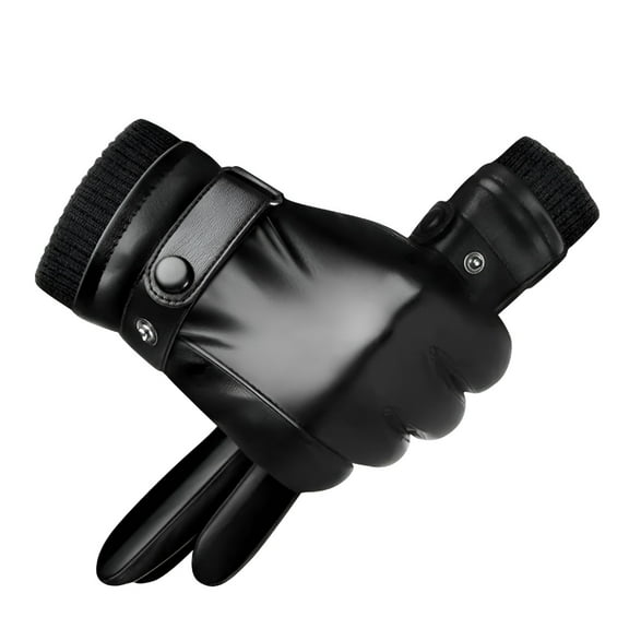 TELOLY 1 Pair Fleece Lining Ribbed Cuffs Adjustable Buttons Full Finger Men Gloves Winter Windproof Faux Leather Cycling Gloves Brown