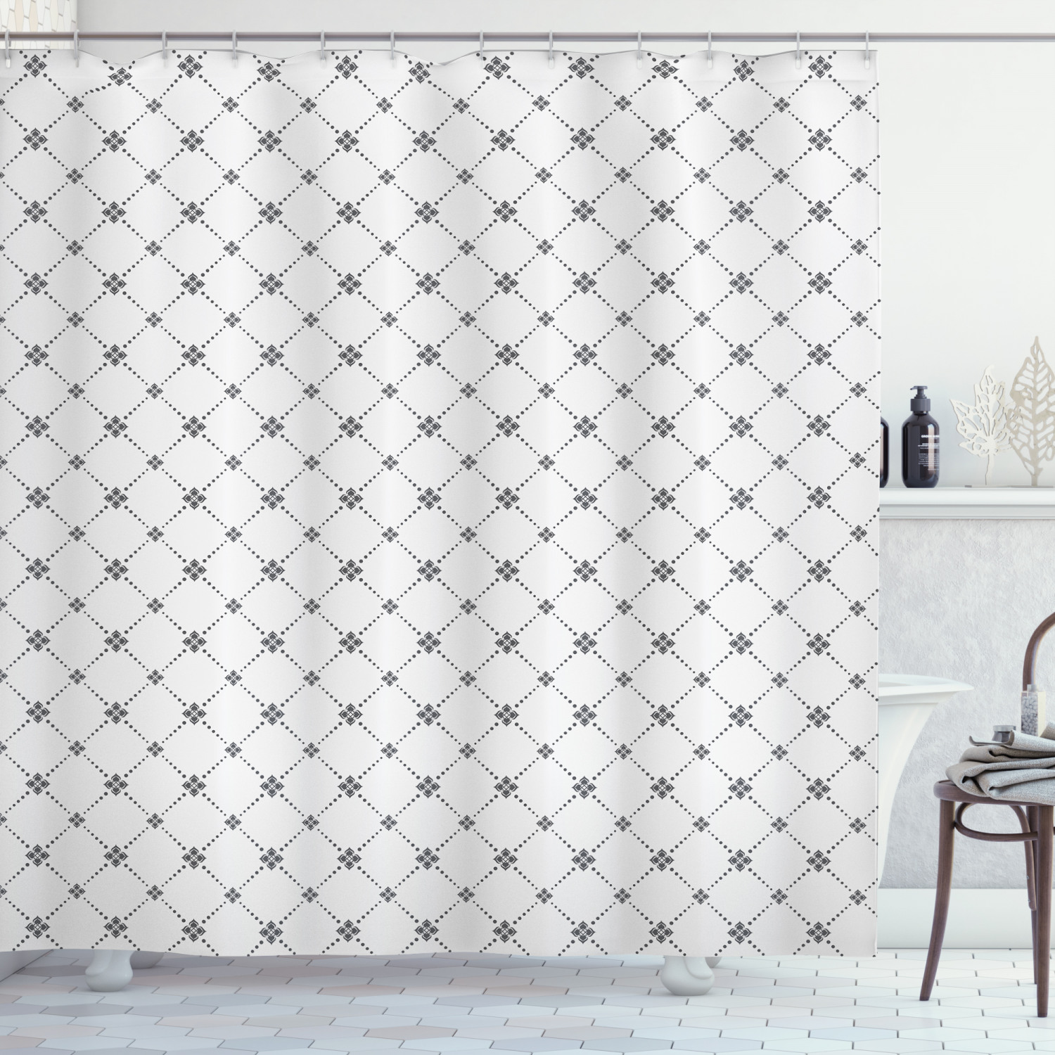 Geometric Decor Shower Curtain, Repeating Dotted Rhombuses and Flowers