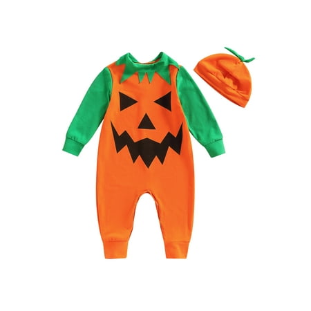 

Peyakidsaa Infant Baby Halloween Romper Long Sleeves Round Neck Pumpkin Print Contrast Color Jumpsuit + Hat 2 pcs Suit Set