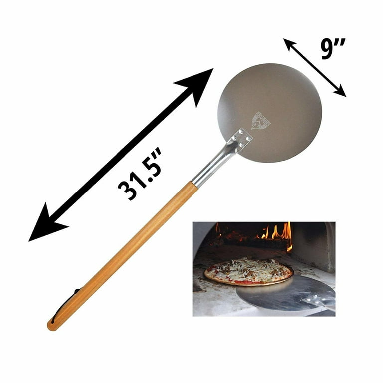 Aluminum Turning Pizza Peel Paddle, 9 inch Diameter Blade, Long 31.5 Handle with Leather Strap - Outdoor Pizza Oven Accessories