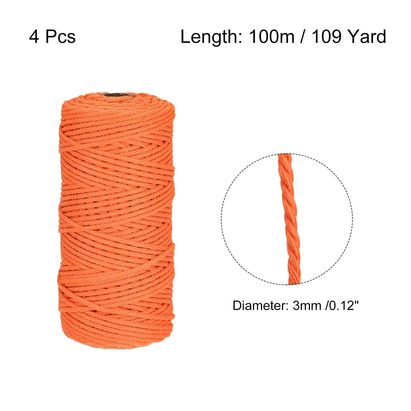 4 Pcs Cotton Rope 4 Strand Twisted Braided Rope Cord, Orange 100m/109 Yard 3mm Dia for Wall Hanging Plant Hanger