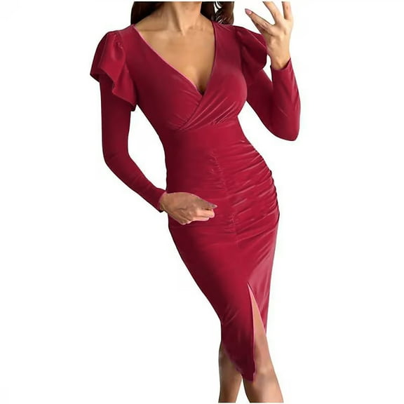 Sexy Ruched Dress for Women Elegant Casual Business Outfit Ruffle Long Sleeve Wrap V Neck Split Midi Dress Gown (XL, Wine)