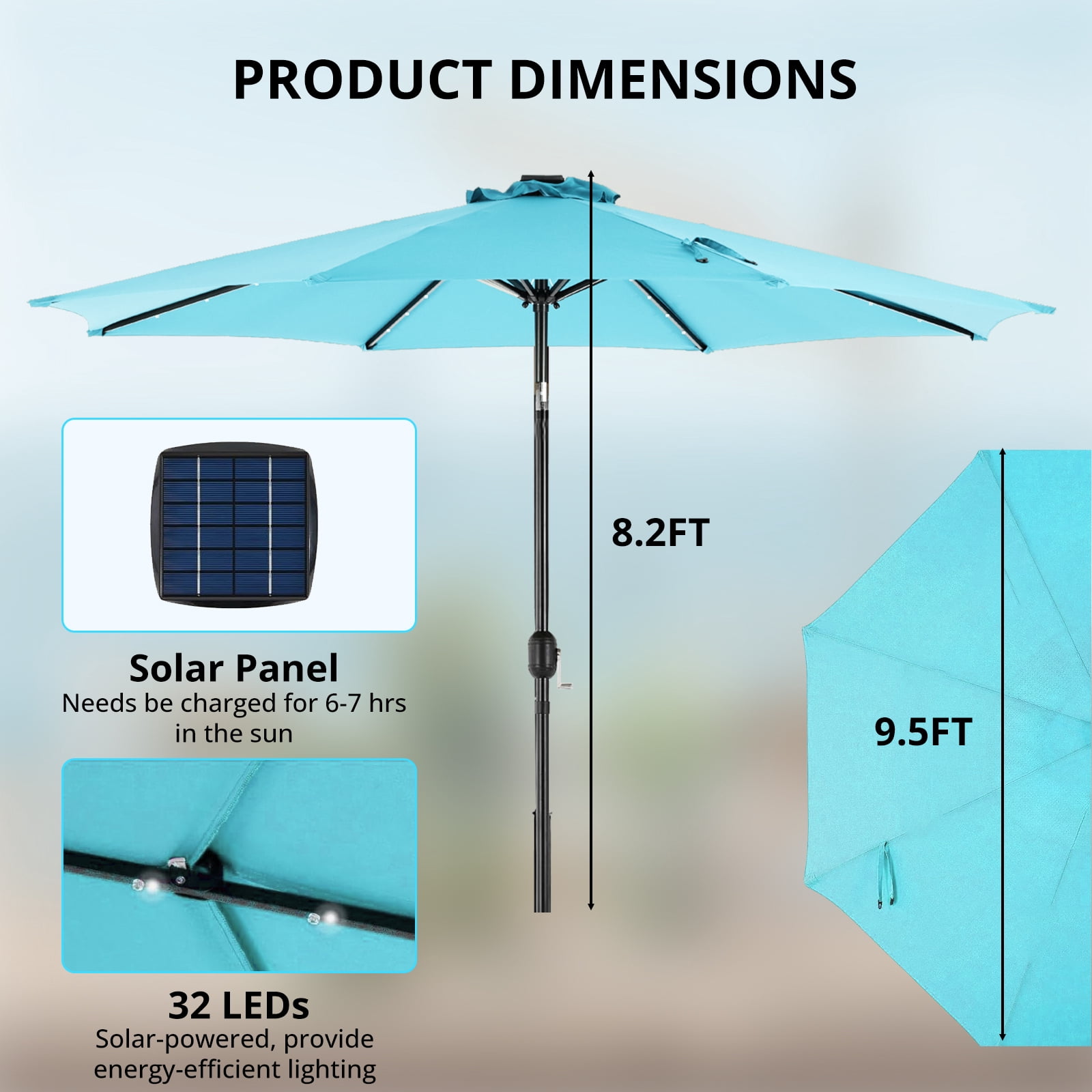 Betcozy Patio Umbrella with 32 LED Lights, 10FT Outdoor Solar Umbrellas with Push Button Tilt and Crank, 8 ribs, for Market, Beach, Pool,Garden, Deck, Blue