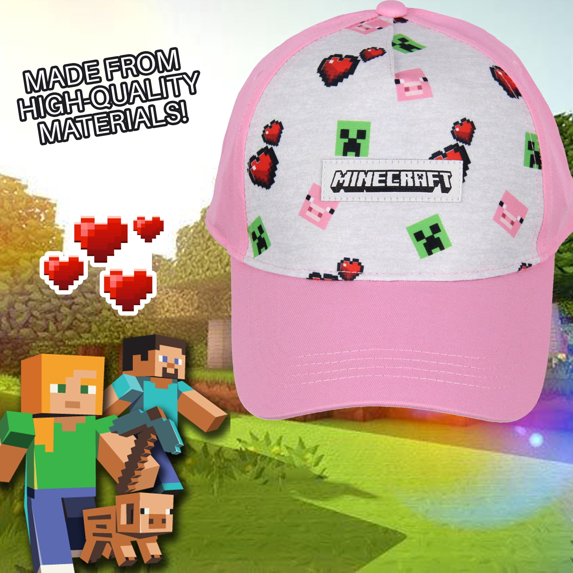 Minecraft Youth Hat Floating Creeper Head Hearts Pig Face Pink Snapback OSFM Cap