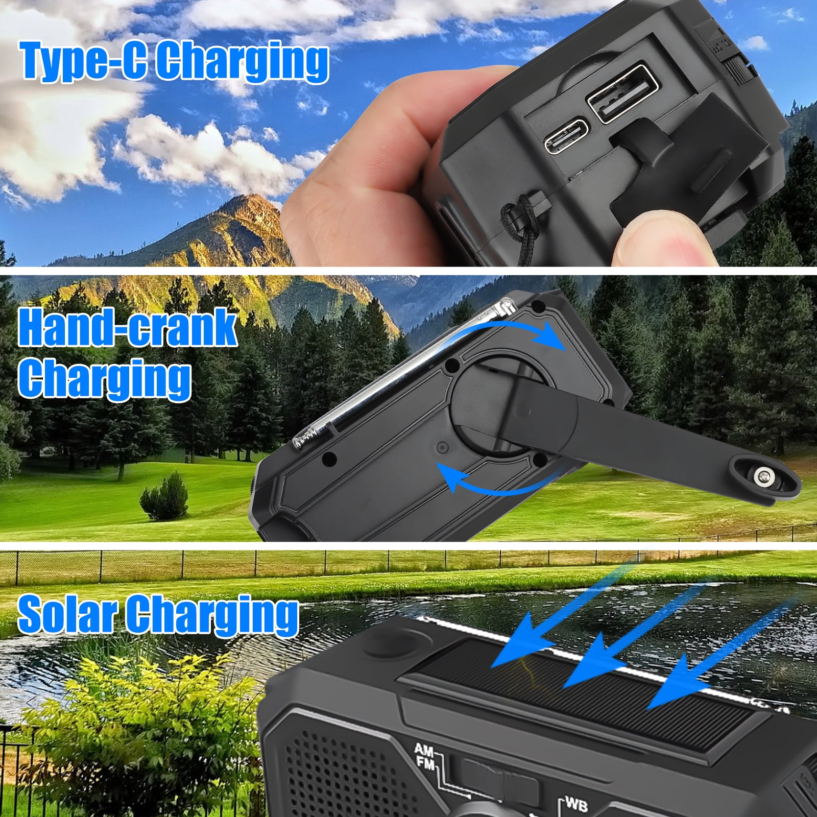 NOAA Weather Radio, Weather Radio NOAA Alert with LED Flashlight, 1200mAh Power Bank, SOS Alarm, FM AM SW Emergency Solar Hand Crank Radio for Camping, Hiking, Traveling