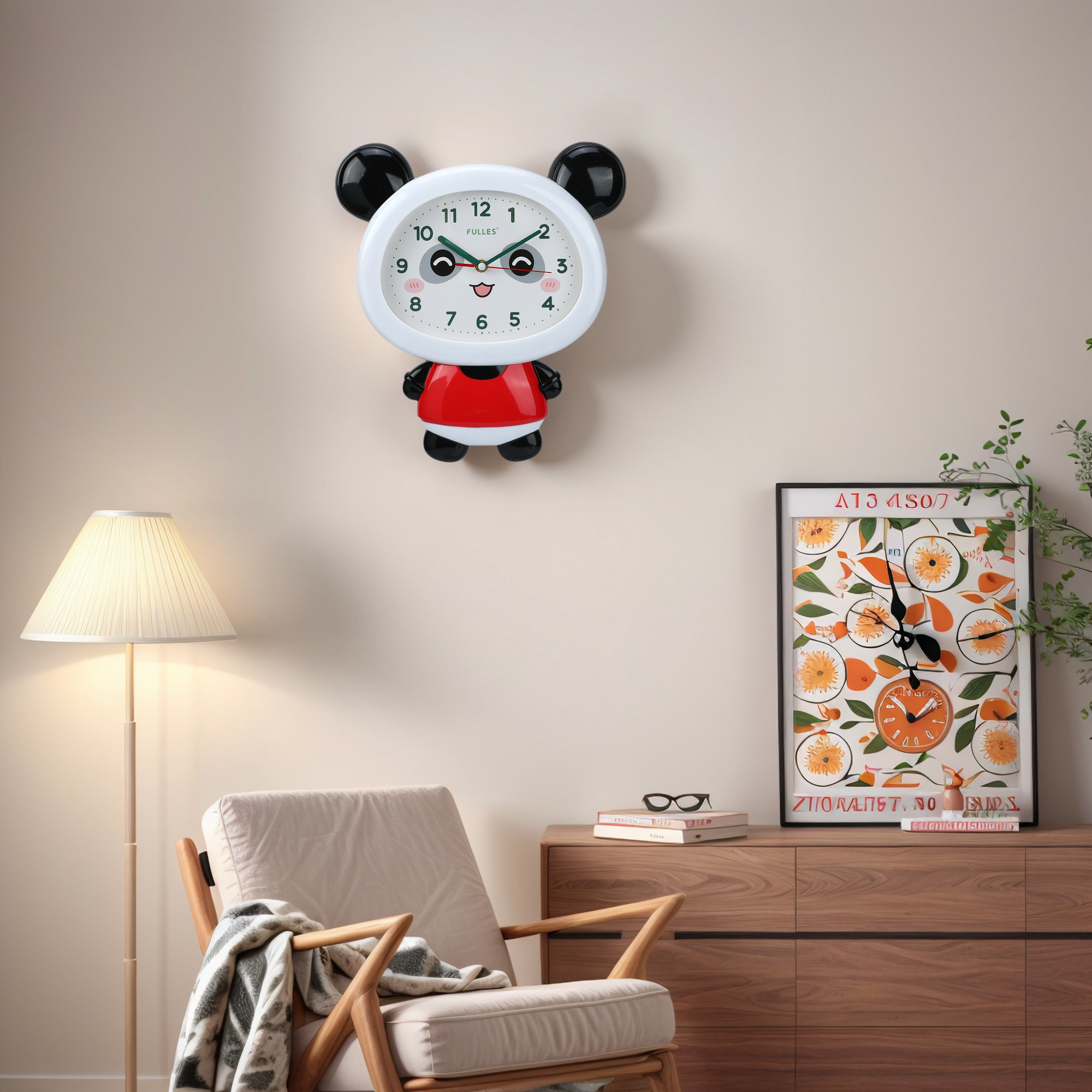 Unique Bargains 1pc Cute Panda Cartoon Non Ticking Wall Clock 15" x 12" x 1.7" Red