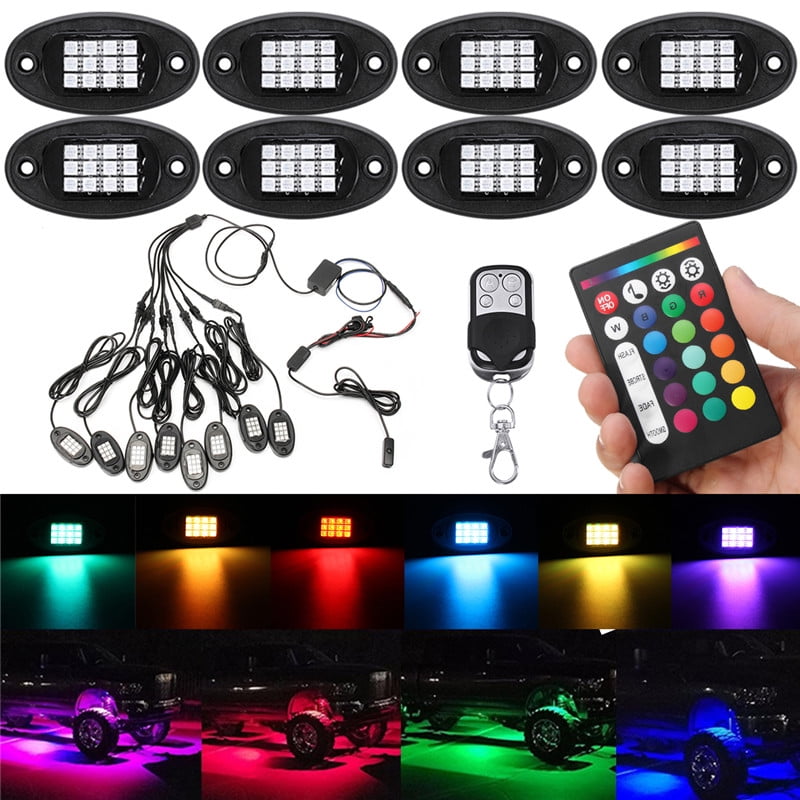 8pcs RGB LED Rock Lights Wireless Bluetooth Music Flashing Multi-color Offroad 