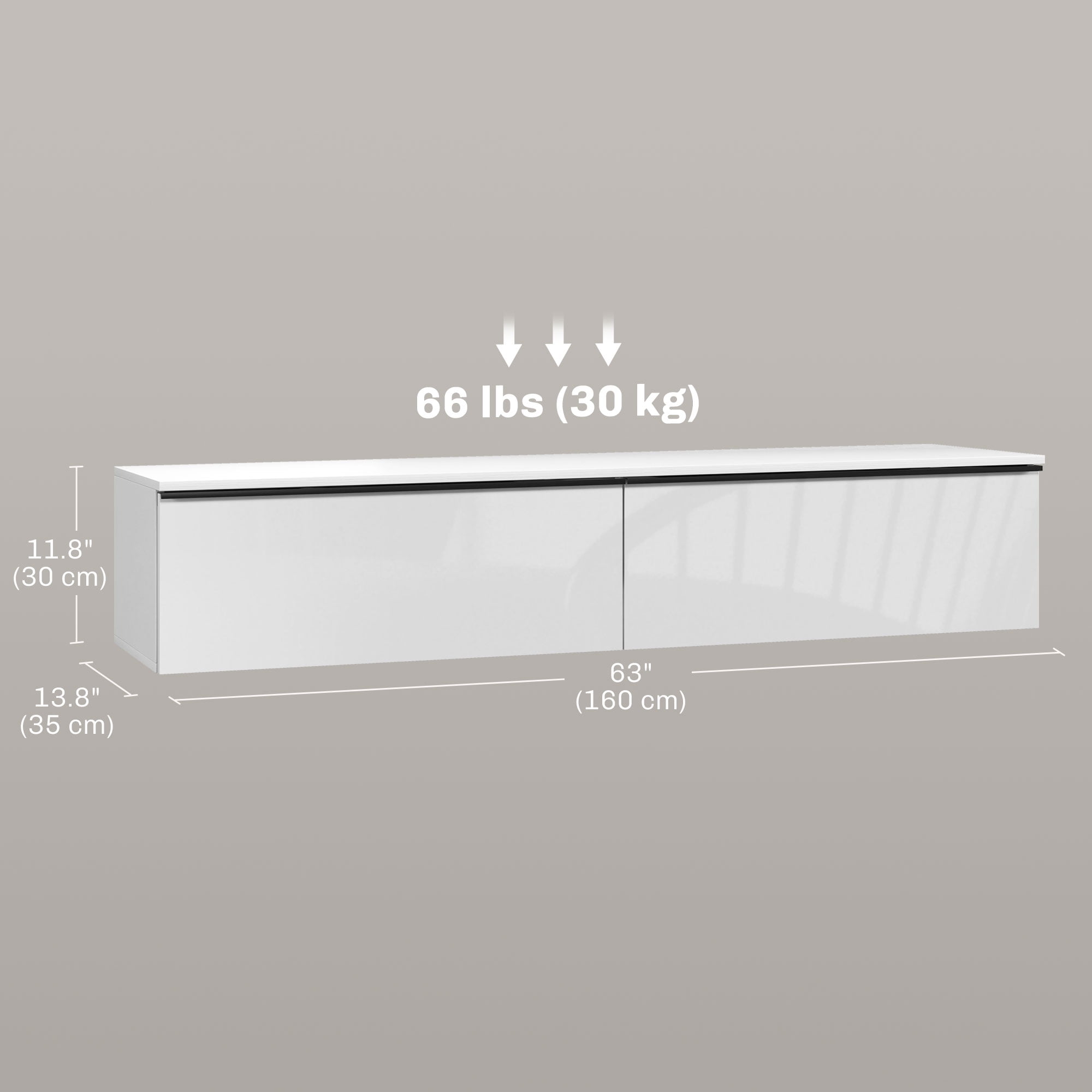 Meuble TV Mural Flottant 160 Cm - Bois Massif, Portes Rabattables, Rangement, Blanc Ou Noir - 11