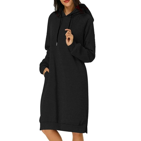 Outfmvch Hoodies Womens Hoodies Womens Autumn And Winter Loose Solid Long Hooded Dress With Pocket Zip Up Hoodie Women Black L