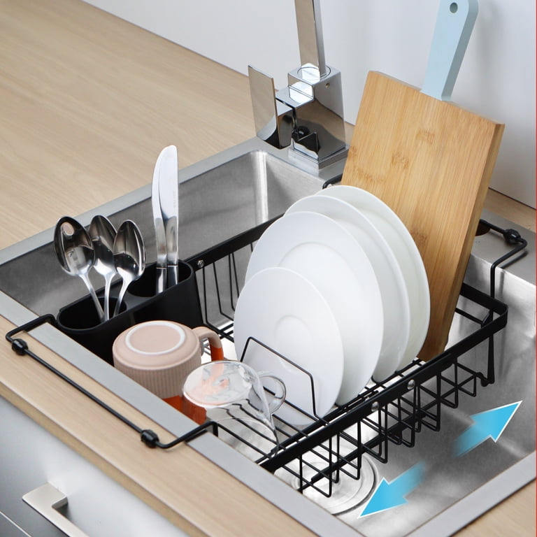 Ilvvan Over Sink Dish Drying Rack - Expandable Height & Length, 3-Tier, Black Metal, Heavy Duty