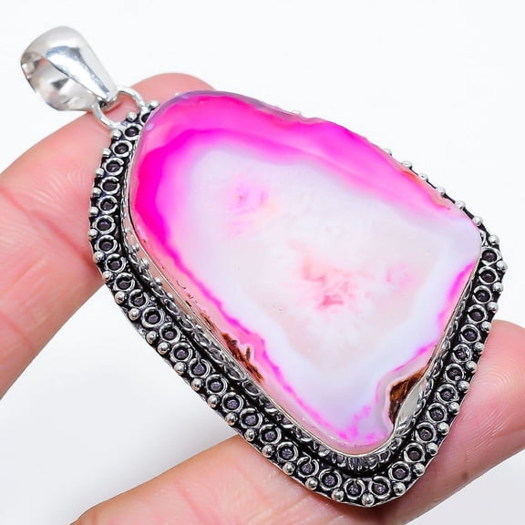 Natural Agate Geode Slice Gemstone 925 Sterling Silver Pendant 2.96"