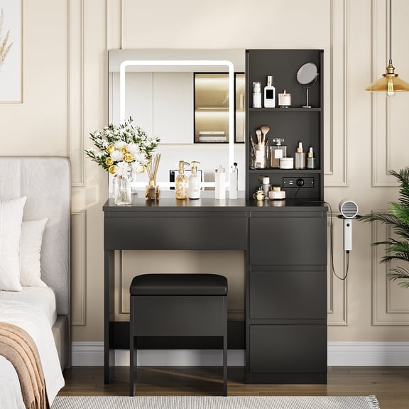 LED Makeup Vanity Desk with 3-Color Adjustable Lighted Mirror, Dressing Table Set with 4 Drawers, Storage Stool, Power Outlets & Shelves, Black Vanity Set for Bedroom