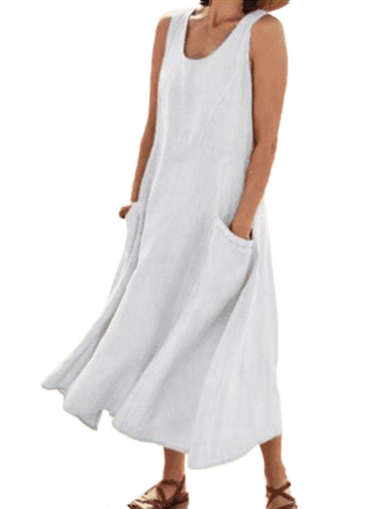 Avamo Linen Cotton House Dress Women Sleeveless Housecoat with Pockets