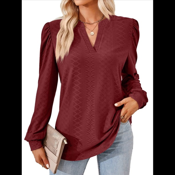 Blusas para Mujer, Elegantes, Informales, con Cuello en V, Larga, Blusas para Mujer con Mangas Abullonadas Vino Tinto L