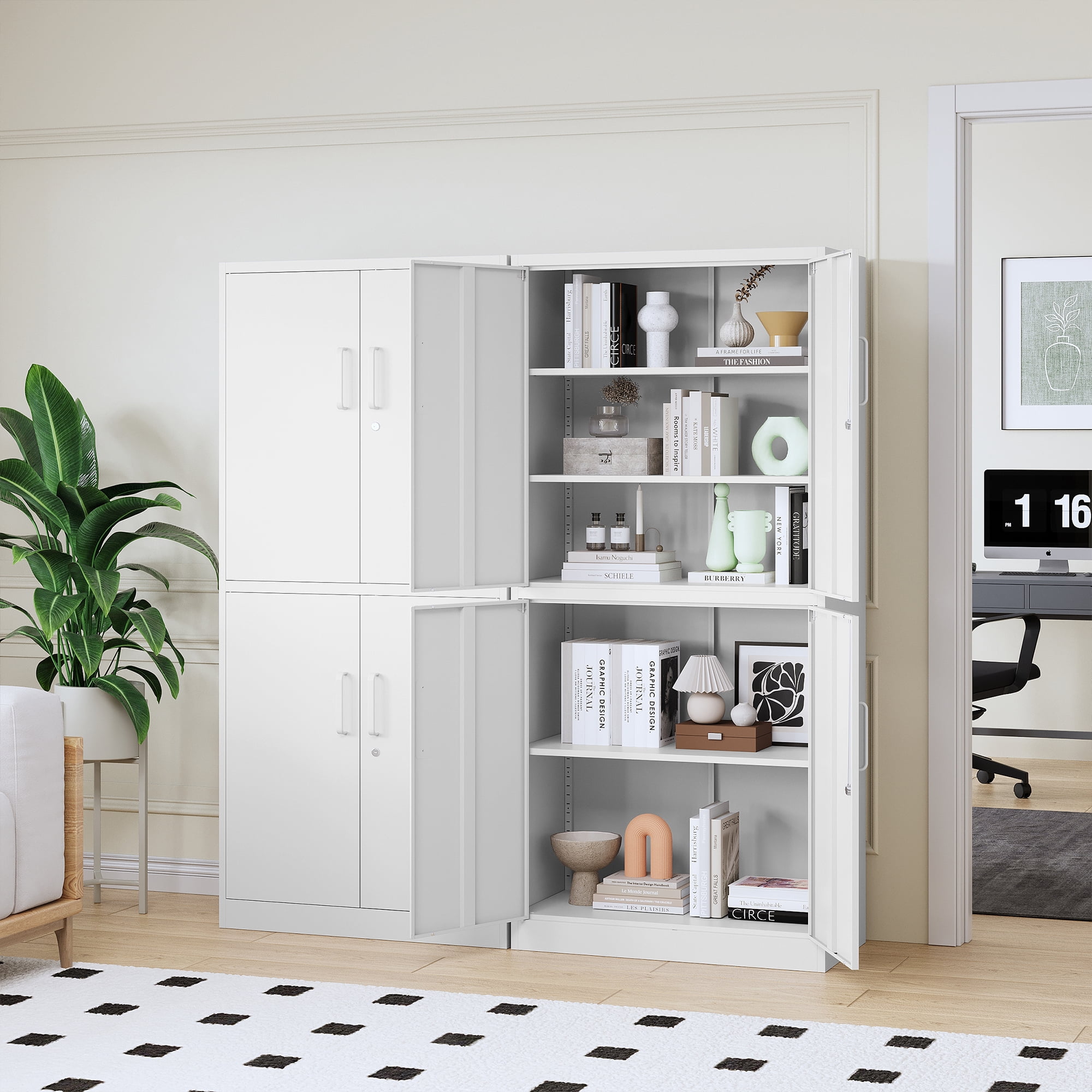 STANI Metal Storage Cabinet, White Garage Tools Utility Cabinet,4 Doors & 3 Adjustable Shelves, Steel Locker with Lockable Door for Office, Home, Pantry
