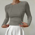thumbnail image 4 of Camisas de Larga para Mujer, Corte Entallado, Cuello Redondo, Ropa de Otoño, Costuras Expuestas, Blusas Básicas Acanaladas. Judías XL, 4 of 7