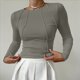 thumbnail image 4 of Camisas de Larga para Mujer, Corte Entallado, Cuello Redondo, Ropa de Otoño, Costuras Expuestas, Blusas Básicas Acanaladas. Judías L, 4 of 7