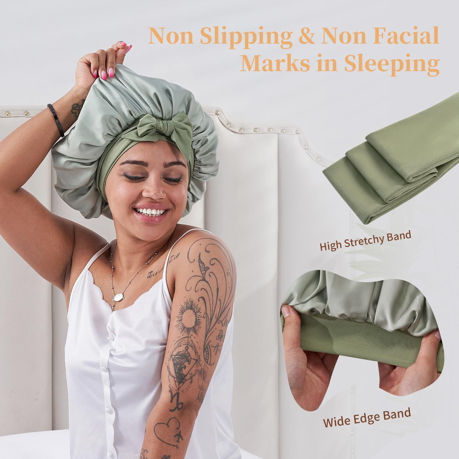 Silk Bonnet for Sleeping Women, Satin Hair Bonnet for Sleeping for Wavy Curly Natural Hair Women Men, Green