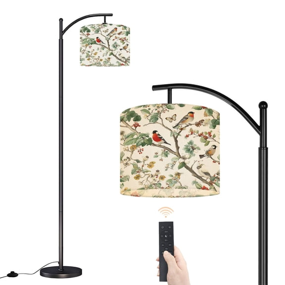 Arc Floor Lamp with Adjustable Lampshade Botanical Birds Branches Cherry Blossoms Colorful Butterflies Standing Lamp 3 Color Temperatures Dimmable Tall Pole Lamp with Foot Switch Bedroom Farmhouse