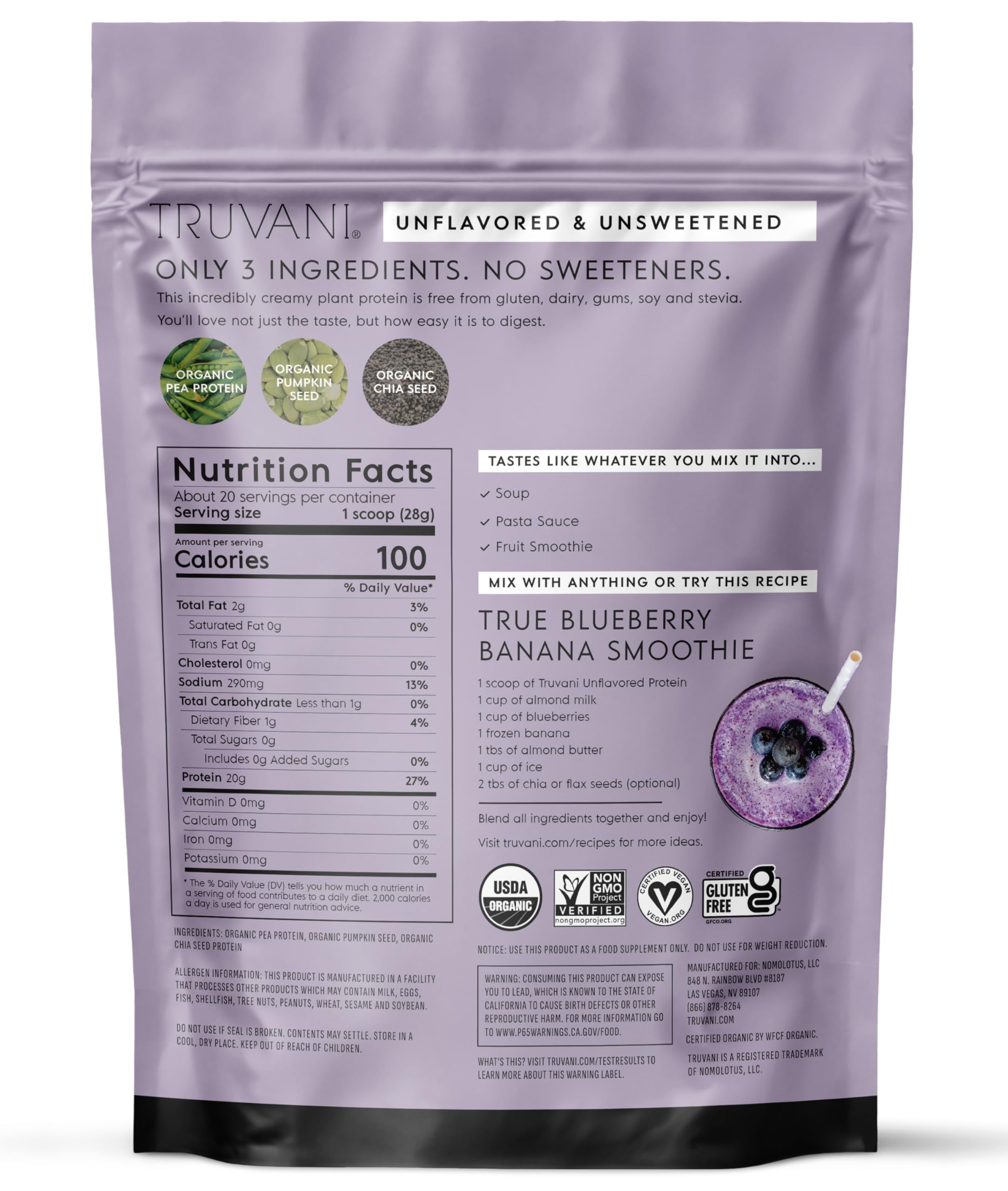 Truvani Vegan Plant Based Pea Protein Powder | Organic | Unflavored | 20 Servings | Gluten & Dairy Free