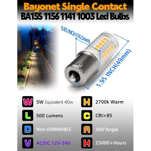 YJYASX-BA15S 1156 1141 1003 S8 SC Led Bulb, 5Watt 500LM Low Voltage Landscape Light Bulbs, 12-24V Warm White 2700K Bayonet Single Contact Bulb for RV Path Deck Camper Marine Boat Trailer Lights, 4Pac