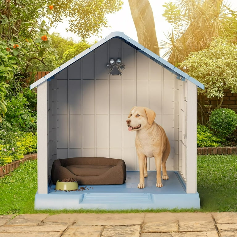 Bifanuo Durable Dog House, Indoor Outdoor Wateproof Doghouse, Pet Plastic Dog kennel for Small Medium Dogs,Grey and Blue ,37.2" L x 40" W x 40" H Inchs