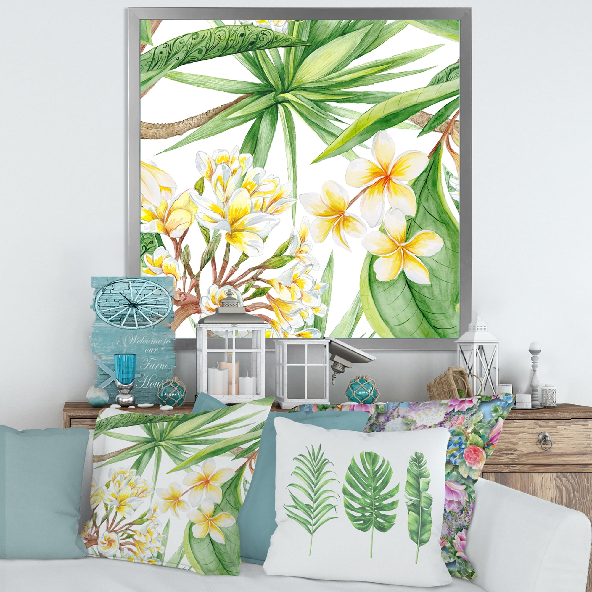 Designart 'Yellow Flowers and Tropical Foliage I' Modern Framed Art Print