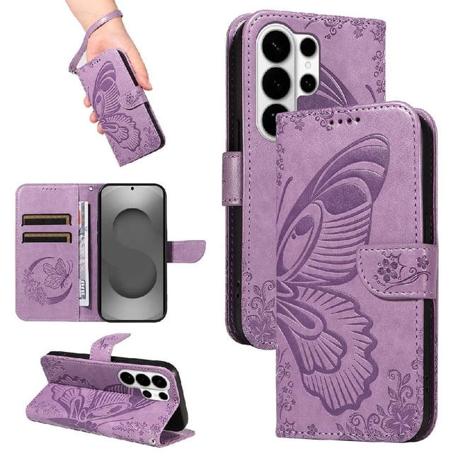 Wallet Case for Samsung Galaxy S26 Ultra Embossed Butterfly with Strap & Stand Purple