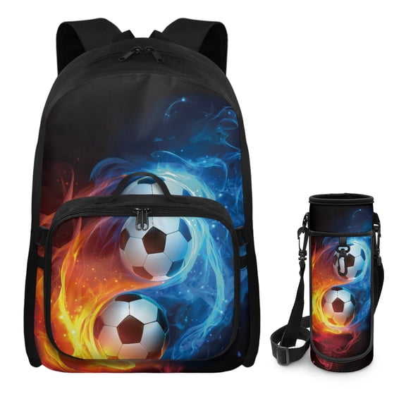 chaqlin Flame Soccer Backpack Teen Girls Kids School Bookbag Casual Daypacks Travel Backpack with Lunch Box & Water Bottle Sling Bag