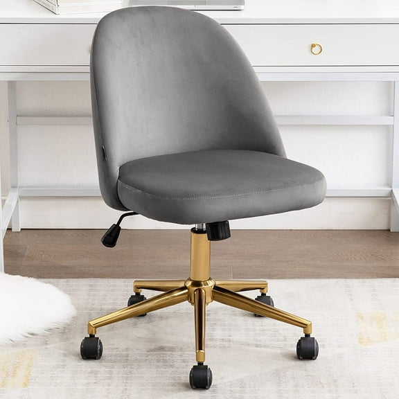 DUHOME Cute Armless Home Office Chair,Swivel Desk Chair Velvet Upholstered Chair Rolling Computer Chair with Backrest Golden Base,Adjustable Vanity Chair with Wheels for Teens Adults,Grey