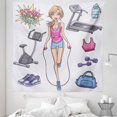 thumbnail image 1 of Fitness Tapestry, Young Cartoon Girl Working at Gym Bike Treadmillfits and Words, Fabric Wall Hanging Decor for Bedroom Living Room Dorm, 5 Sizes, Multicolor, by Ambesonne, 1 of 1