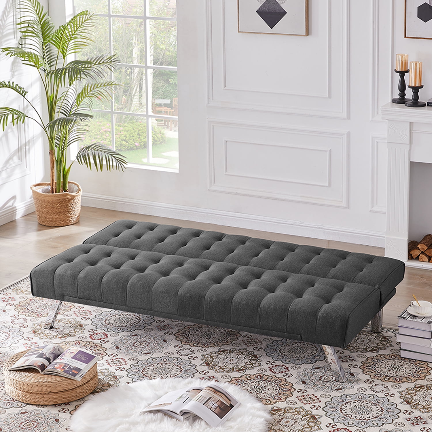 Kadyn Folding Futon Sofa, Upholstered Couch Bed for Bedroom, Modern Convertible Futon with Metal Legs, Dark Grey Kadyn Folding Futon Sofa, Upholstered Couch Bed for Bedroom, Modern Convertible Futon with Metal Legs, Dark Grey