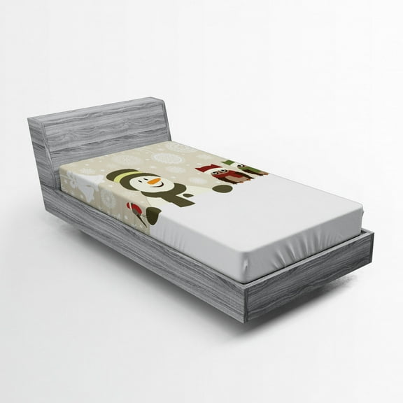 Christmas Fitted Sheet, Snowman Owls in Snowy Winter Day with Jingle Bells Snowflake Image, Soft Decorative Fabric Bedding, Twin Size, Multicolor, by Ambesonne