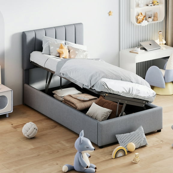 Contemporary Twin Size Hydraulic Storage Bed, Gray Finish Upholstered Platform Bed With Efficient Lift,