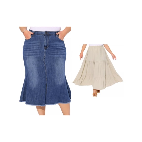 NOMADIC NOOK Women's Plus Size Two Pieces Fishtail Jean Skirts and Swing Skirt Vintage High Waist Raw Hem Front Slit Casual Denim Skirt 1X Beige/Blue
