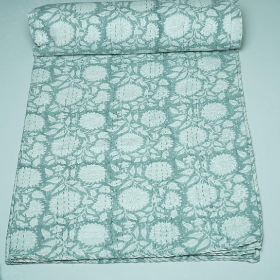 Handmade Floral Indian Kantha Quilt Sage Green ,Soft Cotton Block Print Bedspread for Calm, Cozy Home Decor