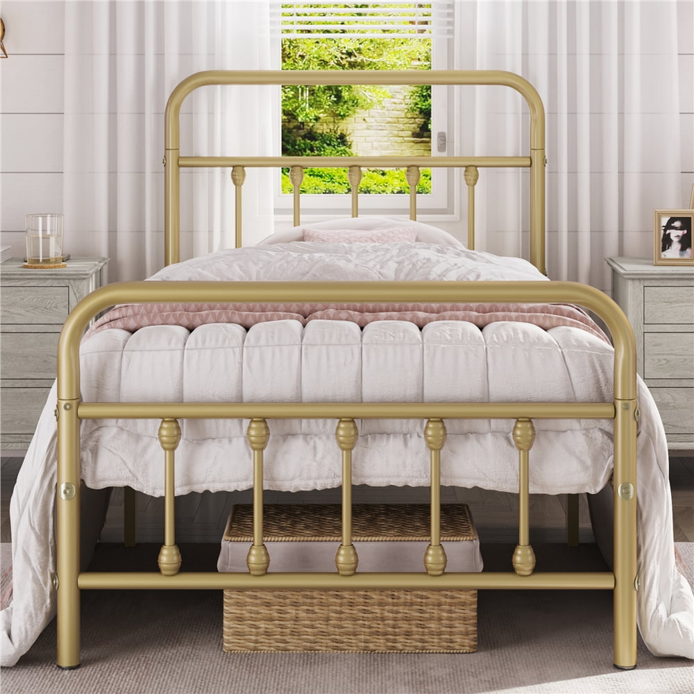 Fullfurnique Metal Platform Bed with High Headboard and Footboard for Adults, Twin, Antique Gold