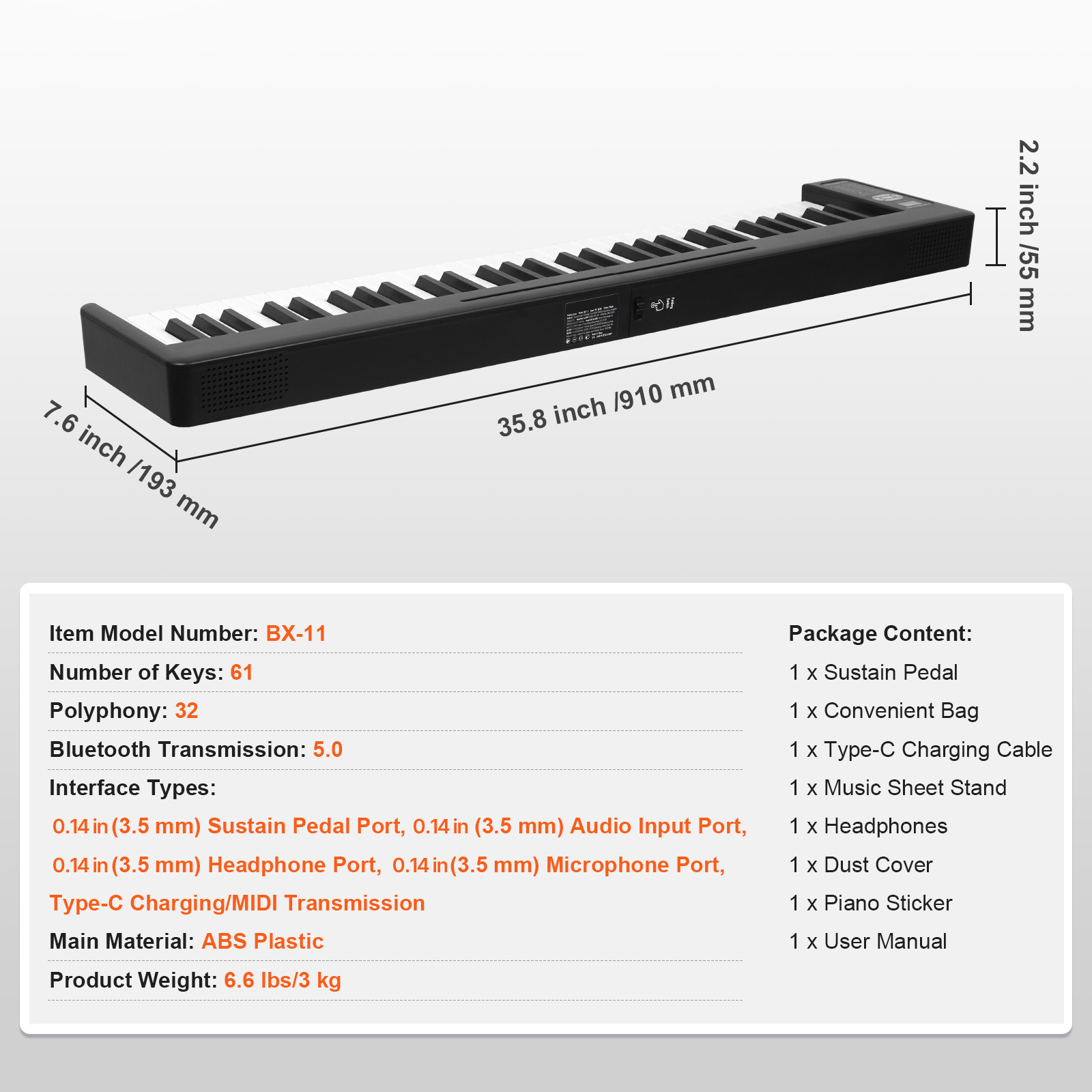 KFFKFF 61-Key  Foldable Keyboard Piano for Beginners, Features Bluetooth & MIDI Compatibility, Compact Electronic Digital Piano with Sustain Pedal, Touch-Sensitive Illuminated Keys