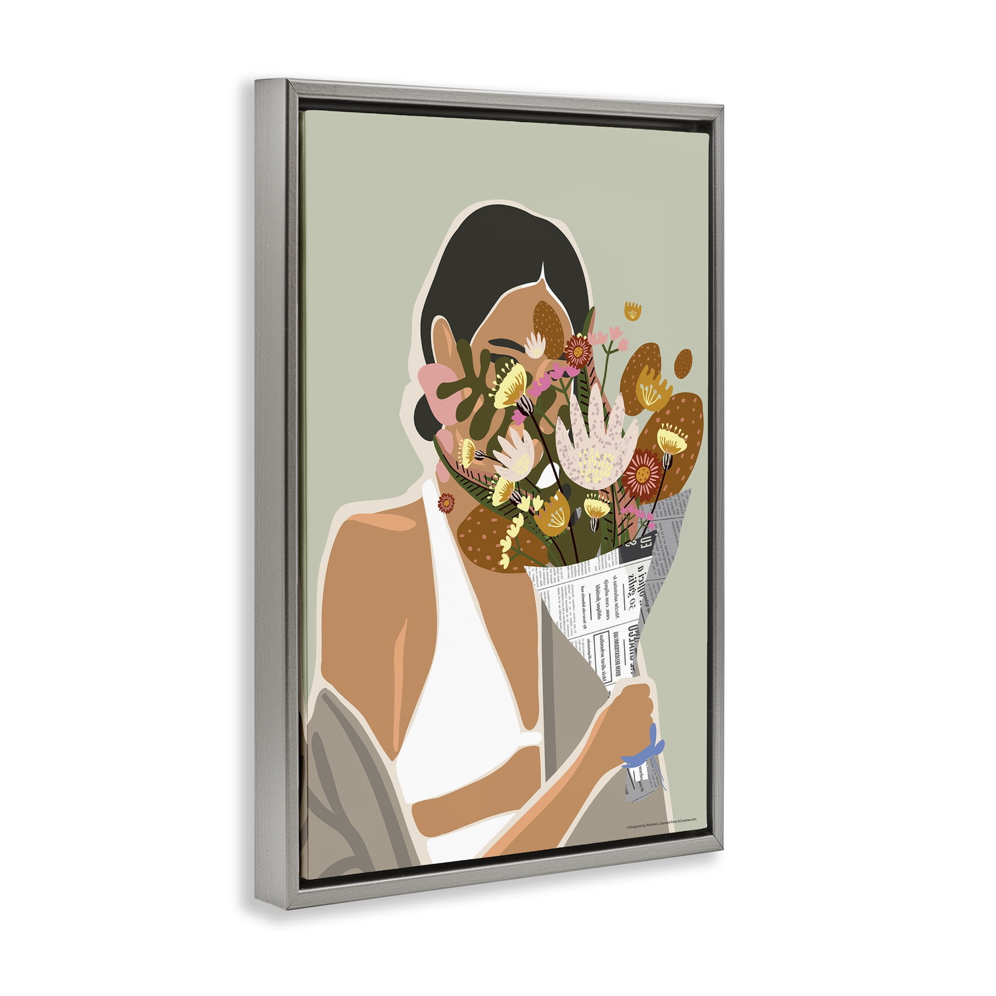 Stupell Industries Woman & Plant Bouquet People Painting Gray Floater Framed Canvas Art Print Wall Art, 17 x 25