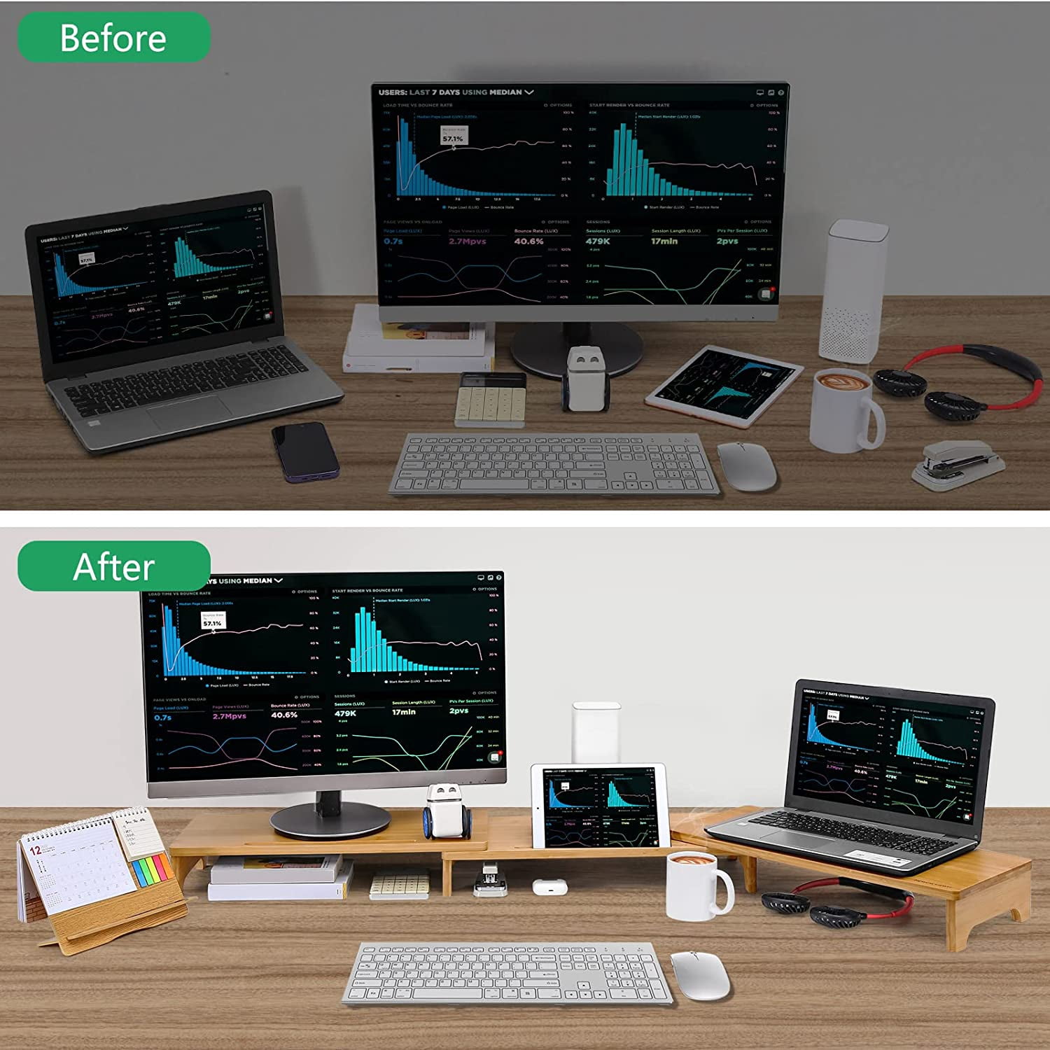 60 Inch Large  Dual Monitor Stand Riser with 3 Shelves Adjustable Length Angle for Desk